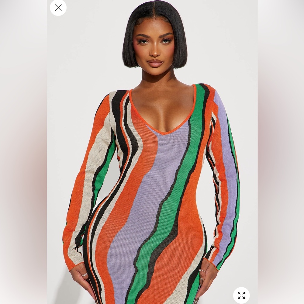 Fashion Nova Orange Multi-Color Wave Maxi Dress